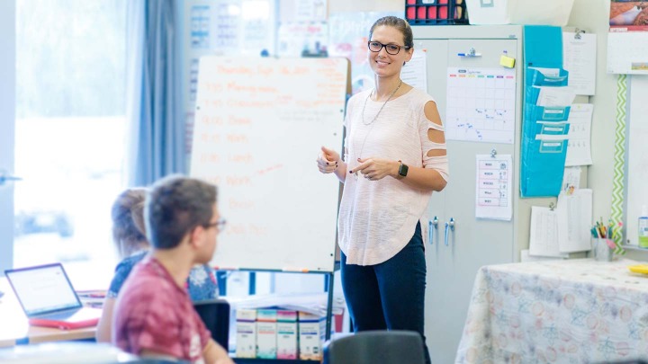 Teacher teaching in front of class.