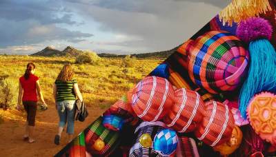 A collage image of a wide vista and colorful celebration items