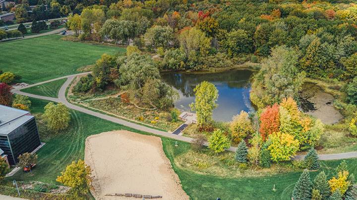 Aerial view (from a drone) of the Calvin University campus east of the Beltline