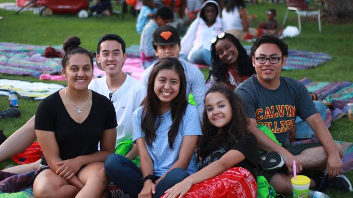 Seven pre-college students posing for a group photo.