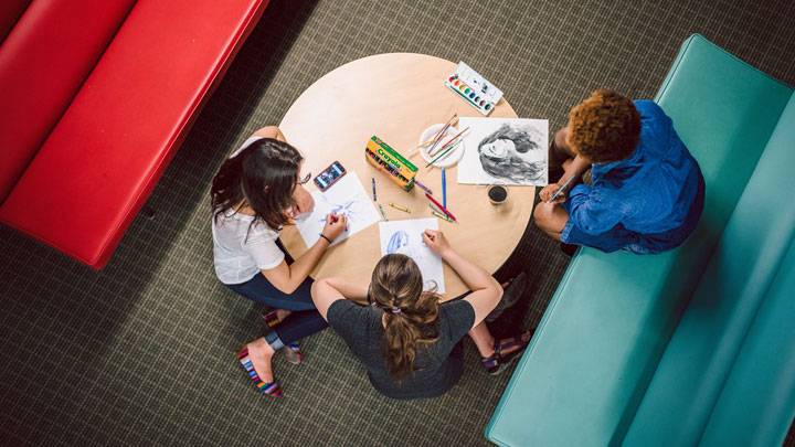 A view from above looking down a students sketching.