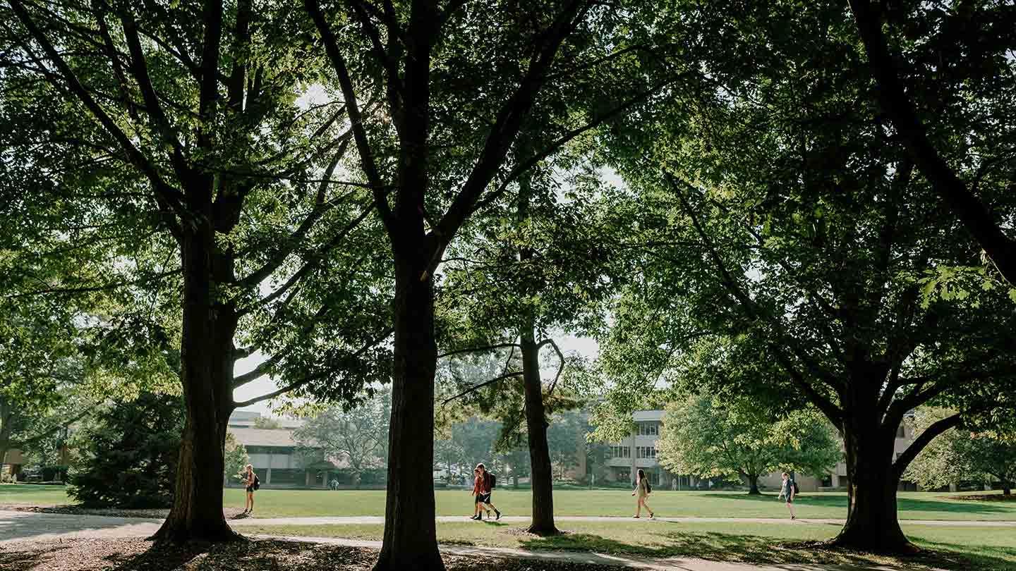 Students walking on the path at Calvin