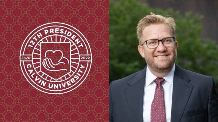 12th president of Calvin University logo (left), President Wiebe Boer in suit & tie smiling (right)