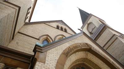 View of a church building from a low angle.