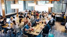 Interior ariel view of Commons Dining Hall.