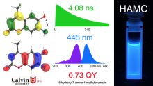 Several diagrams of the compound, with an image of the compound glowing blue to the right