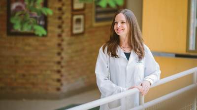 Professor Amy Wilstermann pictured in her classroom lobby.