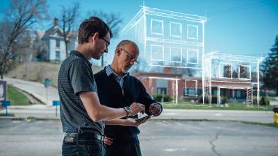 Noah Schumerth and professor Mark Bjelland researching public spaces