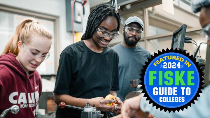 Three students (left) working in an engineering lab with safety glasses on, a Fiske Badge (right).