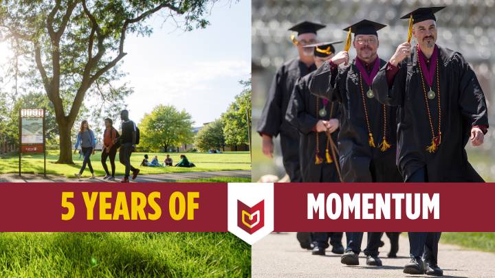 An on-campus pathway shot and an inside prison graduation photo with 