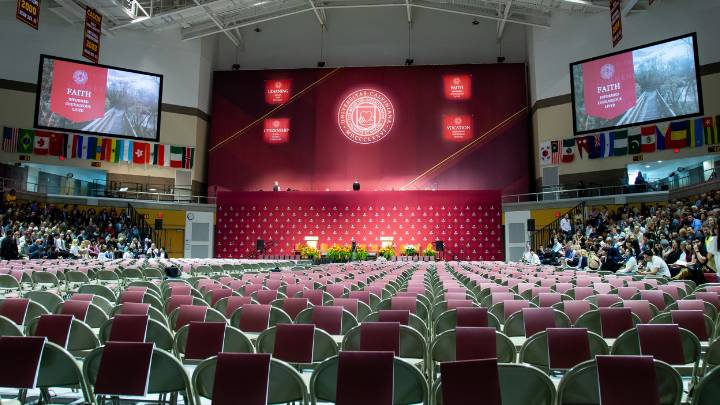 Van Noord Arena setup for Calvin University's Commencement ceremony